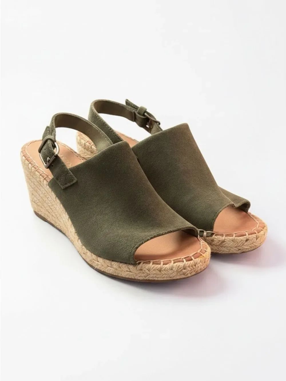 TOMS Monica Slingback Wedge Espadrille Sandals Olive Suede 9.5